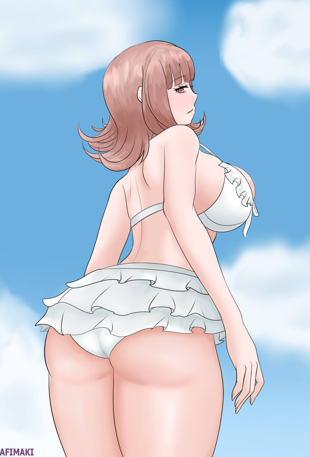 1girls, afimaki, ass, ass focus, bikini, breasts, danganronpa, danganronpa 2: goodbye despair, danganronpa s: ultimate summer camp, female, female focus, female only, large breasts, light skin, light-skinned female, looking back, nanami chiaki, pink eyes, pink hair, sideboob, solo, solo female, solo focus, straight hair, swimsuit, swimwear, white bikini