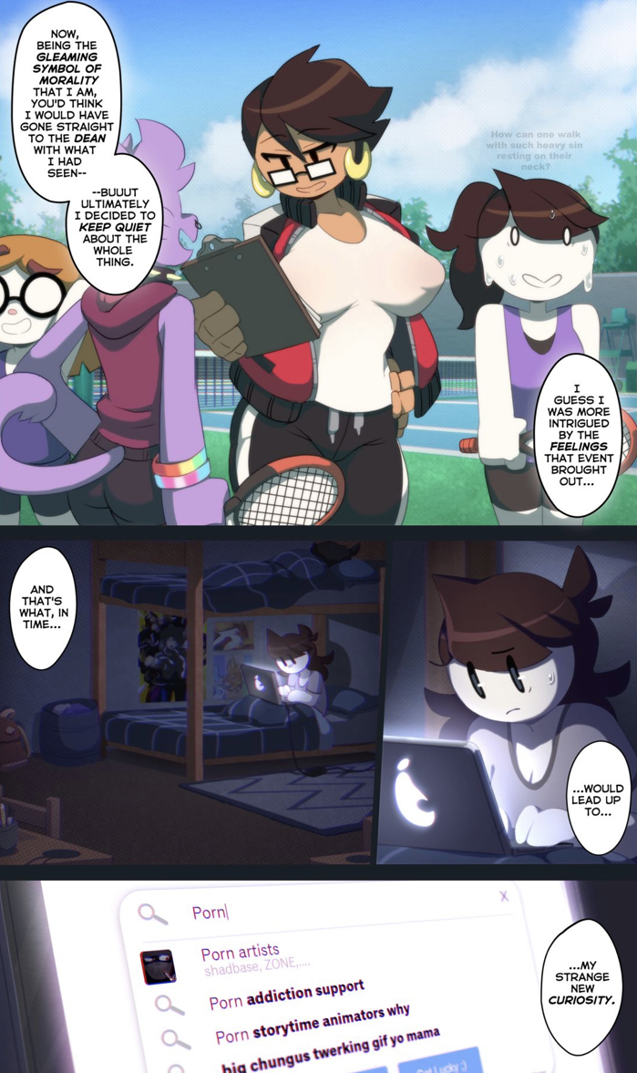 bluebreed brown_hair coach dark_room earrings glasses google illymation jaiden_animations katzun laptop nipples original_character pink_nipples see-through_clothing sweat sweatdrop tan_skin tennis_racket text white_shirt white_skin