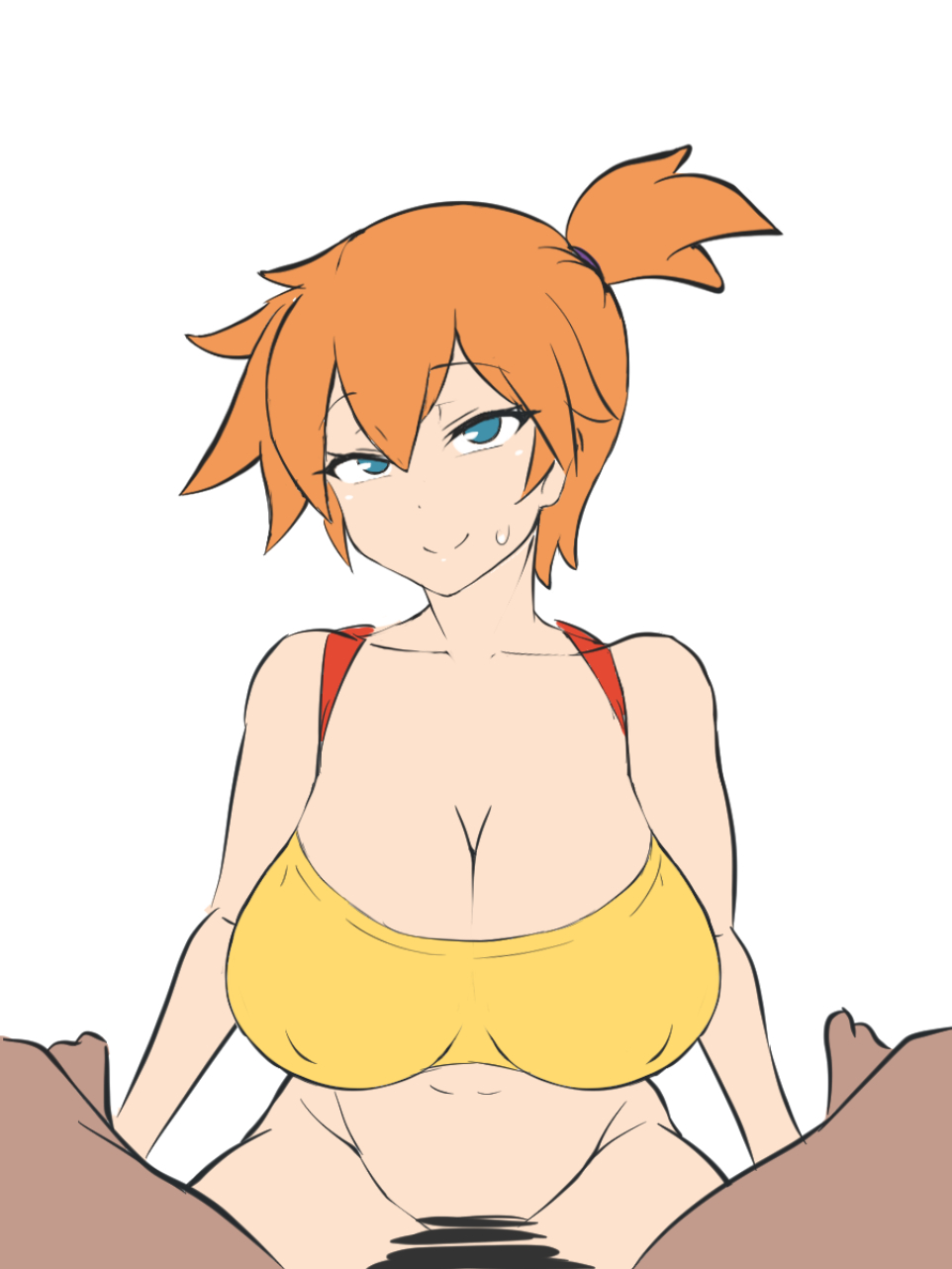 alternate breast size, big breasts, breasts, censored, dark-skinned male, dd (artist), female, green eyes, huge breasts, kasumi (pokemon), large breasts, orange hair, pokemon, pokemon rgby, red hair, suspenders