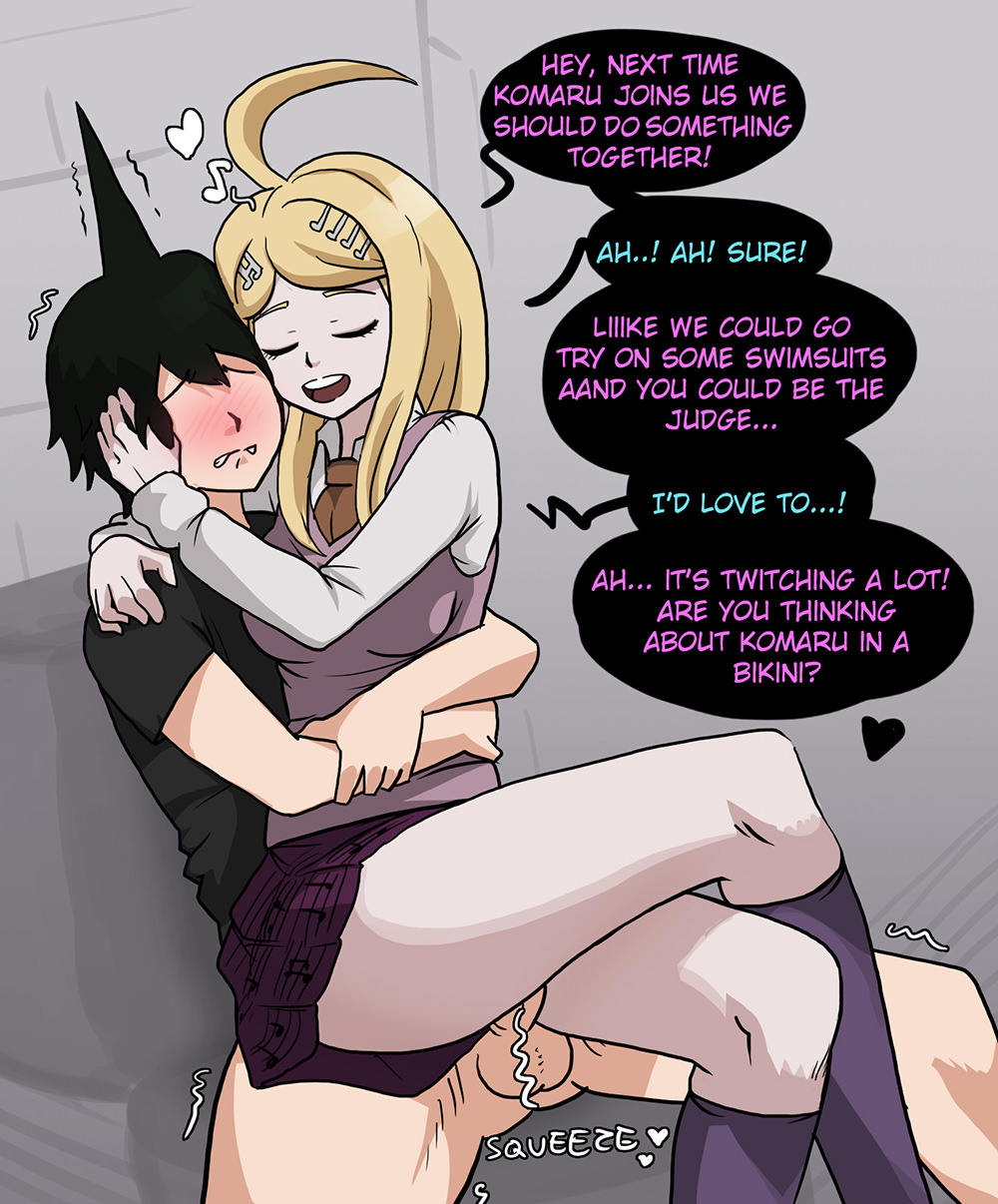 1boy, akamatsu kaede, assertive, big breasts, blonde hair, blush, breasts, clothed, clothed sex, clothing, comic, crossed legs, danganronpa, danganronpa v3, dialogue, female, femdom, hugging from behind, male, mosbles, penis, straight, straight hair, thick thighs, thigh sex