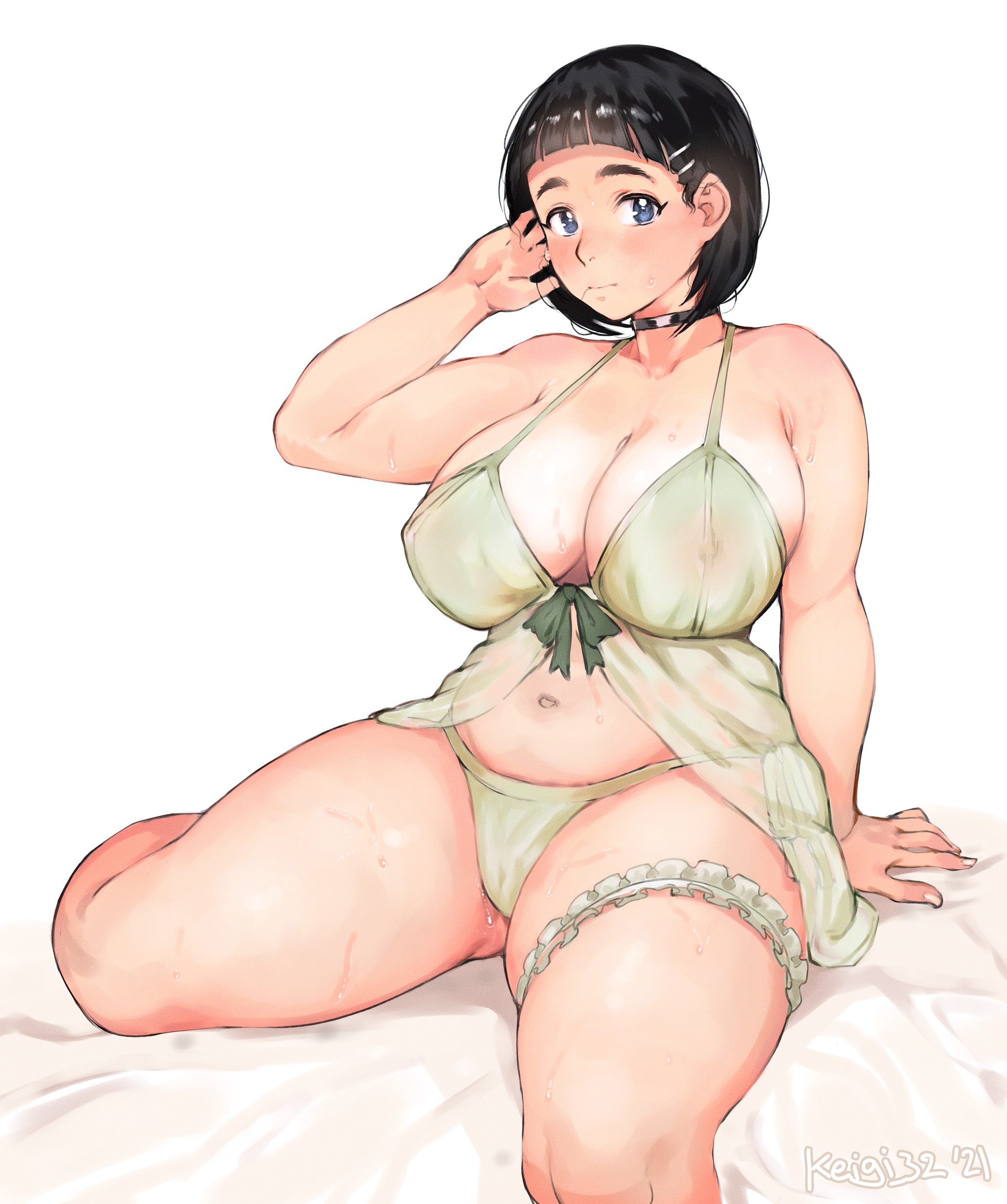 1girls, alternate color, alternate eye color, arm up, barely visible nipples, bed, belly, big breasts, black hair, blue eyes, blush, breasts, chin length hair, choker, chubby female, covered nipples, curvy, female, female focus, female only, fringe, hairclip, keigi (artist), kirigaya suguha, large breasts, light blush, lingerie, looking at viewer, navel, negligee, nipples visible through clothing, panties, plump, plus size, short hair, simple background, sitting, sitting on bed, solo, solo female, solo focus, sweaty body, sword art online, tagme, thick thighs, white background