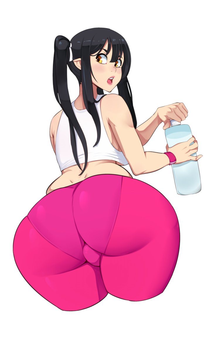 1futa ari_oaks_(vanillaclea) armband ass ass_focus black_hair bottle bra breasts bulge bulge_through_clothing crop_top curvaceous curvy curvy_figure elf elf_ears fit fit_female fitness flaccid flaccid_penis fully_clothed futa_bulge futa_only futanari hips huge_ass huge_breasts illboxart intersex large_ass large_hips large_thighs long_hair looking_back open_mouth pants penis penis_bulge penis_under_clothes pink_pants pointy_ears ponytail simple_background skindentation solo solo_futa sports_bra thighs tied_hair training water_bottle white_background white_top wide_eyed wide_hips wide_thighs yellow_eyes yoga_pants