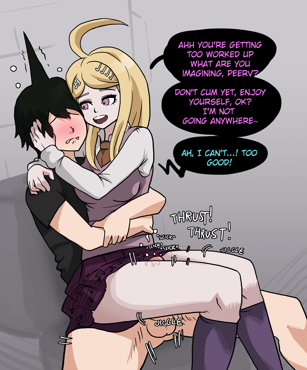 1boy, akamatsu kaede, assertive, big breasts, blonde hair, blush, breasts, clothed, clothed sex, clothing, comic, danganronpa, danganronpa v3, female, femdom, hugging from behind, male, mosbles, penis, straight, straight hair, thick thighs, thigh sex