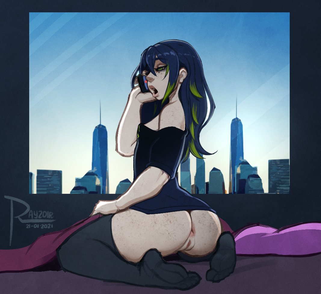 1girls, anus, bed, black thighhighs, cellphone, female, female only, freckles, freckles on ass, jacqui (rayzoir), original, phone, rayzoir, thigh highs, thighhighs