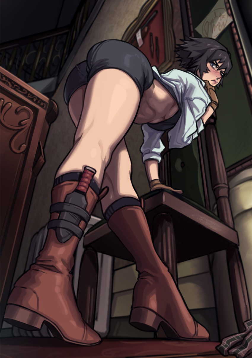 1girls annoyed ass bent_over bike_shorts black_hair boots bra breasts capcom chair dagger desk devil_may_cry devil_may_cry_3 female female_only footwear from_below gloves heterochromia highres imdsound lady_(devil_may_cry) looking_at_viewer looking_down no_eyewear scowl shoe_soles shoes short_hair short_shorts shorts skirt skirt_removed solo thighs toned underboob underwear weapon