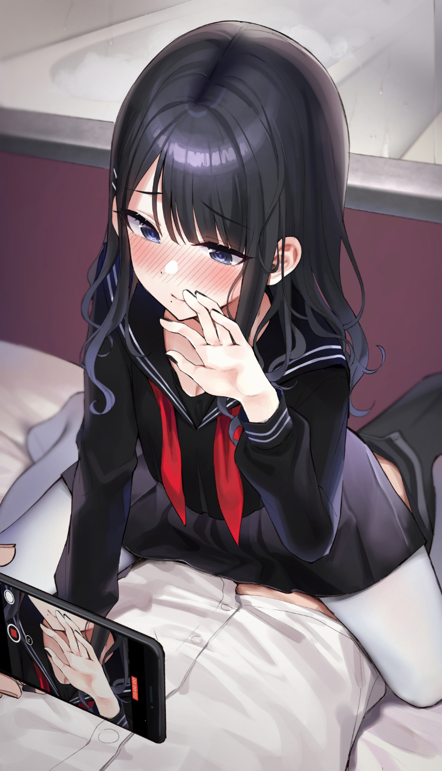 1boy bangs black_hair black_sailor_collar black_serafuku black_skirt blue_eyes blunt_bangs blush cellphone closed_mouth clothed_sex commentary_request cowgirl_position eyebrows_visible_through_hair female highres holding holding_phone idolmaster idolmaster_shiny_colors kazano_hiori long_sleeves mirei mole mole_under_mouth nose_blush pantyhose phone producer_(idolmaster) red_neckwear sailor_collar school_uniform serafuku sex shirt short_hair skirt solo_focus straddling straight white_legwear white_shirt