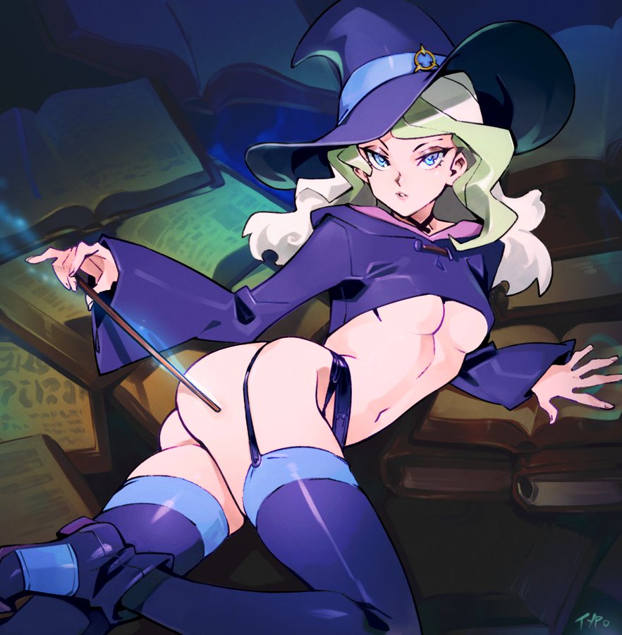 1girls, ass, bedroom eyes, bigger version at the source, blonde hair, books, bottomless, breasts, breasts out, cleavage, clothed, clothed female, clothing, diana cavendish, eyelashes, eyeshadow, female, female only, functionally nude, garter belt, garter straps, heels, hourglass figure, lingerie, little witch academia, looking at viewer, looking back, magic wand, medium breasts, no panties, optionaltypo, partially clothed, pinup, round ass, seductive, seductive eyes, seductive gaze, seductive look, side view, solo, stockings, studio trigger, teenage female, teenager, thighhighs, underboob, witch hat, young, young female