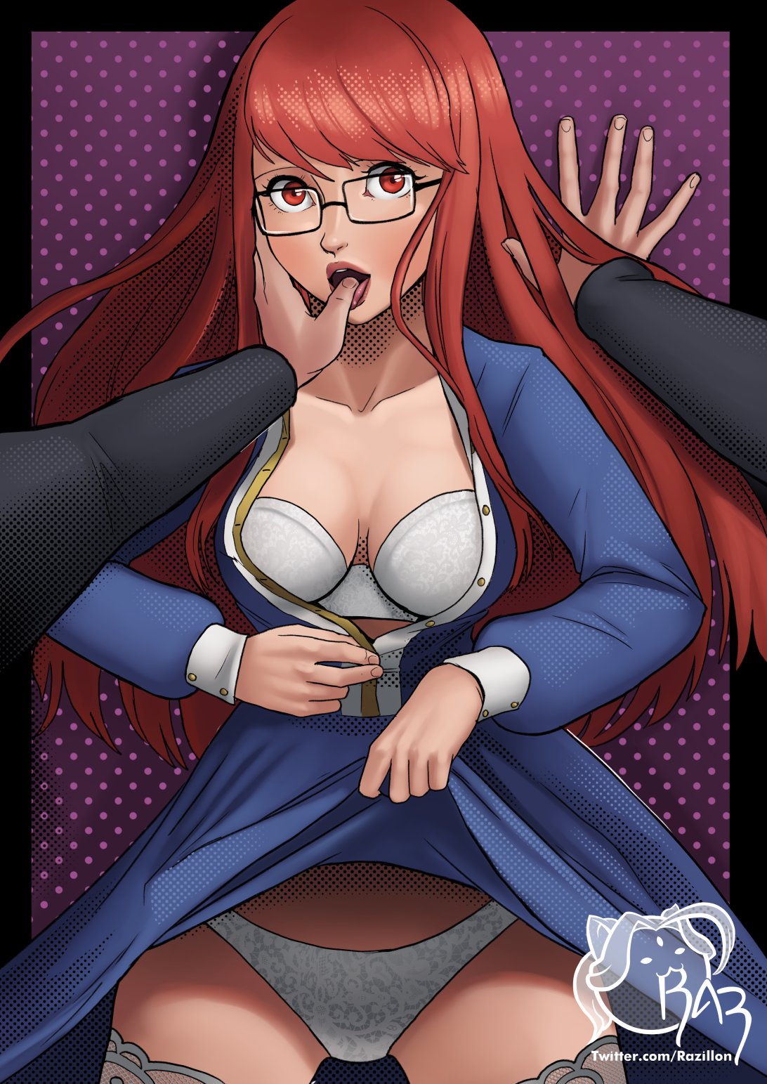 1girls, female, glasses, kasumi yoshizawa, lingerie, long hair, looking at viewer, persona, persona 5, pov, razillon, red hair, sumire yoshizawa, watermark