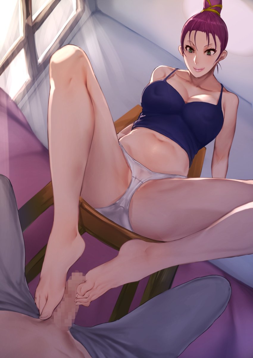 1girls, 2021, artist request, baise, breasts, censored, feet, female, footjob, green eyes, human, human only, hunter, hunter x hunter, large breasts, light skin, light-skinned female, male, outercourse, pale skin, pale-skinned female, panties, partial male, penis, purple hair, short hair, shounen jump, smile, tied hair, underwear, viewed from below, white panties