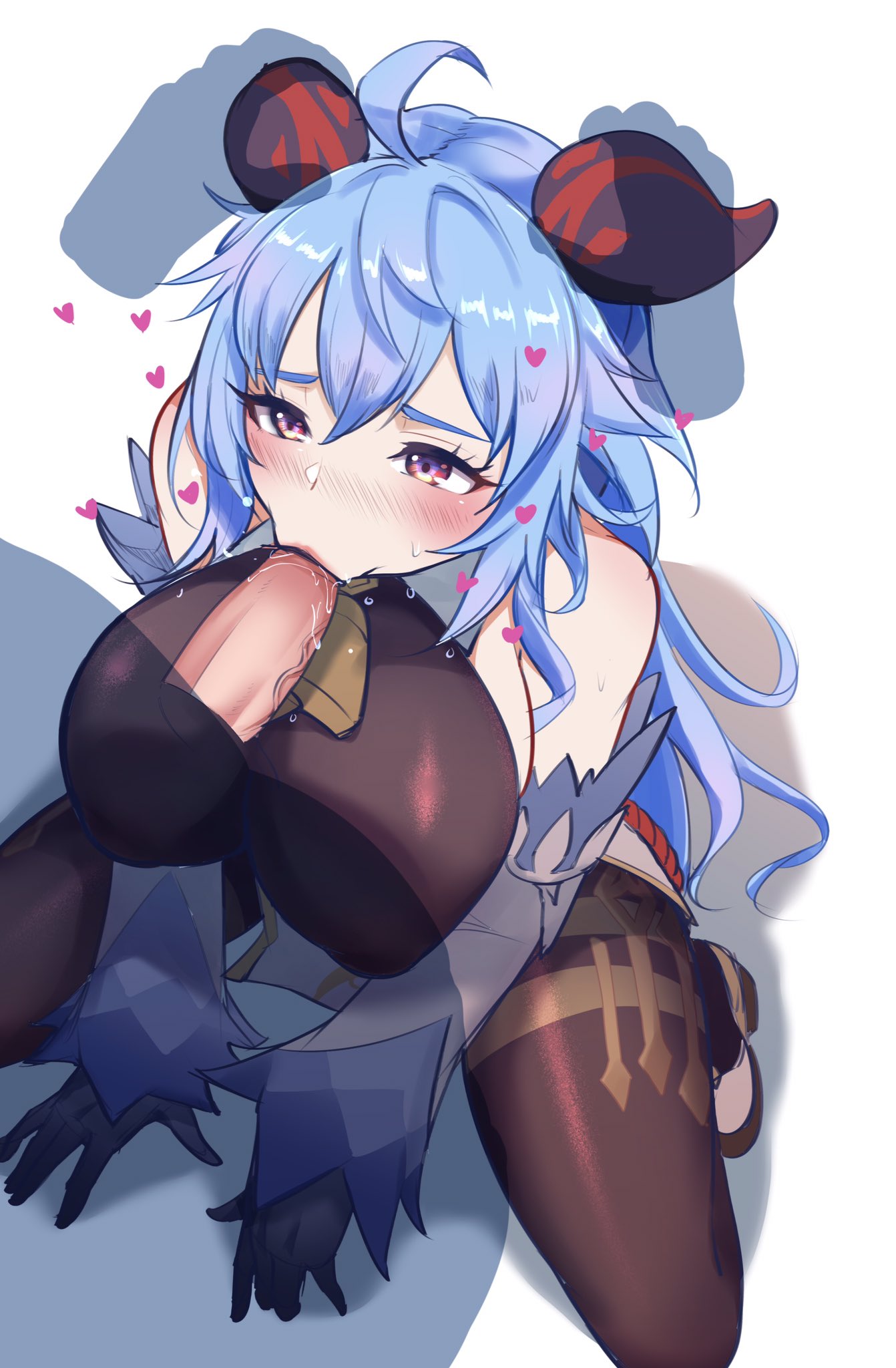 :>=, 1boy, 1girls, big breasts, blowjob, blue hair, blush, breasts, cleavage, clothed female nude male, crouching, disembodied penis, erection, fellatio, female, ganyu (genshin impact), genshin impact, horn grab, horns, large breasts, male, oral, penis, short hair, squatting, straight, sweat, tinnies