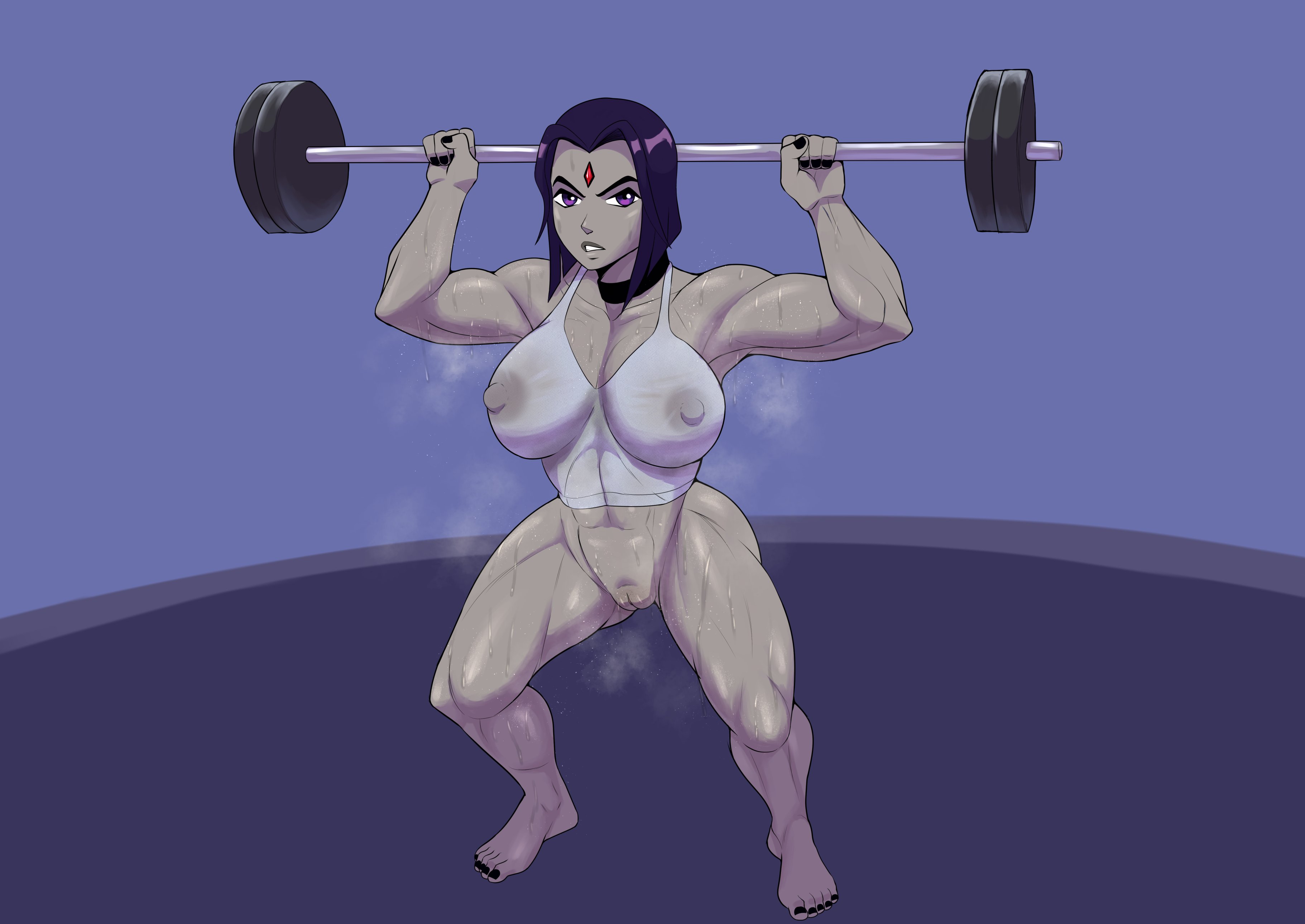 1girls, abs, areolae, big breasts, big nipples, breasts, dc, dc comics, female, female only, kokobiel, large breasts, muscles, muscular, muscular female, musk, nipple bulge, nipples, plump labia, pussy, raven (dc), smell, solo, teen titans, weightlifting, weights