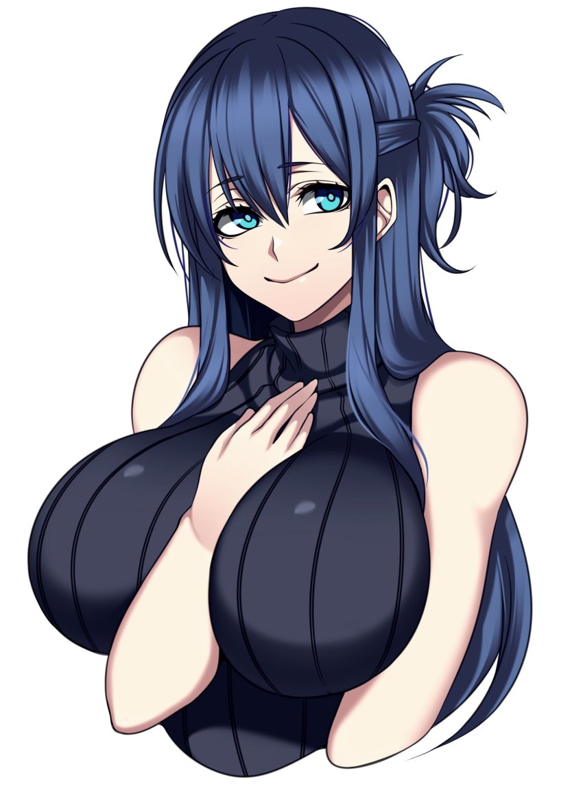 1girls, big breasts, blue eyes, blue hair, breasts, camui kamui (hz 666v), female, female only, hand between breasts, happy, huge breasts, large breasts, light skin, light-skinned female, original, sleeveless, sleeveless shirt, smile, solo, wholesome