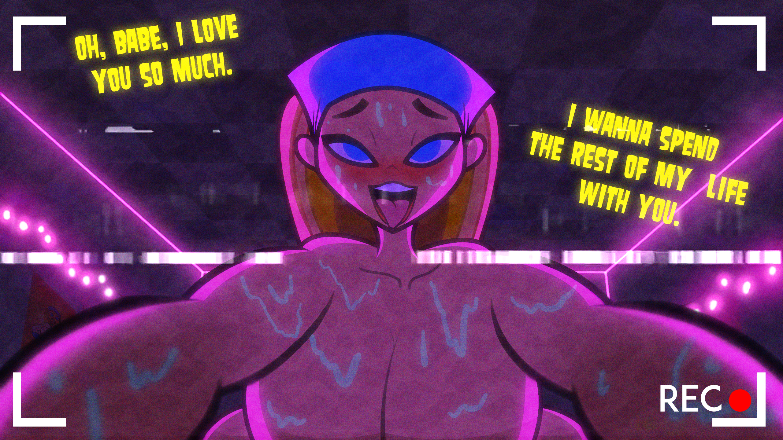 bandana, bed, bedroom, big breasts, blonde hair, blue eyes, blush, breasts, camera, dialogue, female, first person view, horny, lindsay (tdi), naked, neon lights, nipples, nude, nude female, orgasm, orgasm face, pussy, rustysh4ckl3ford, sweat, text, thick thighs, tongue, tongue out, total drama (series), total drama island