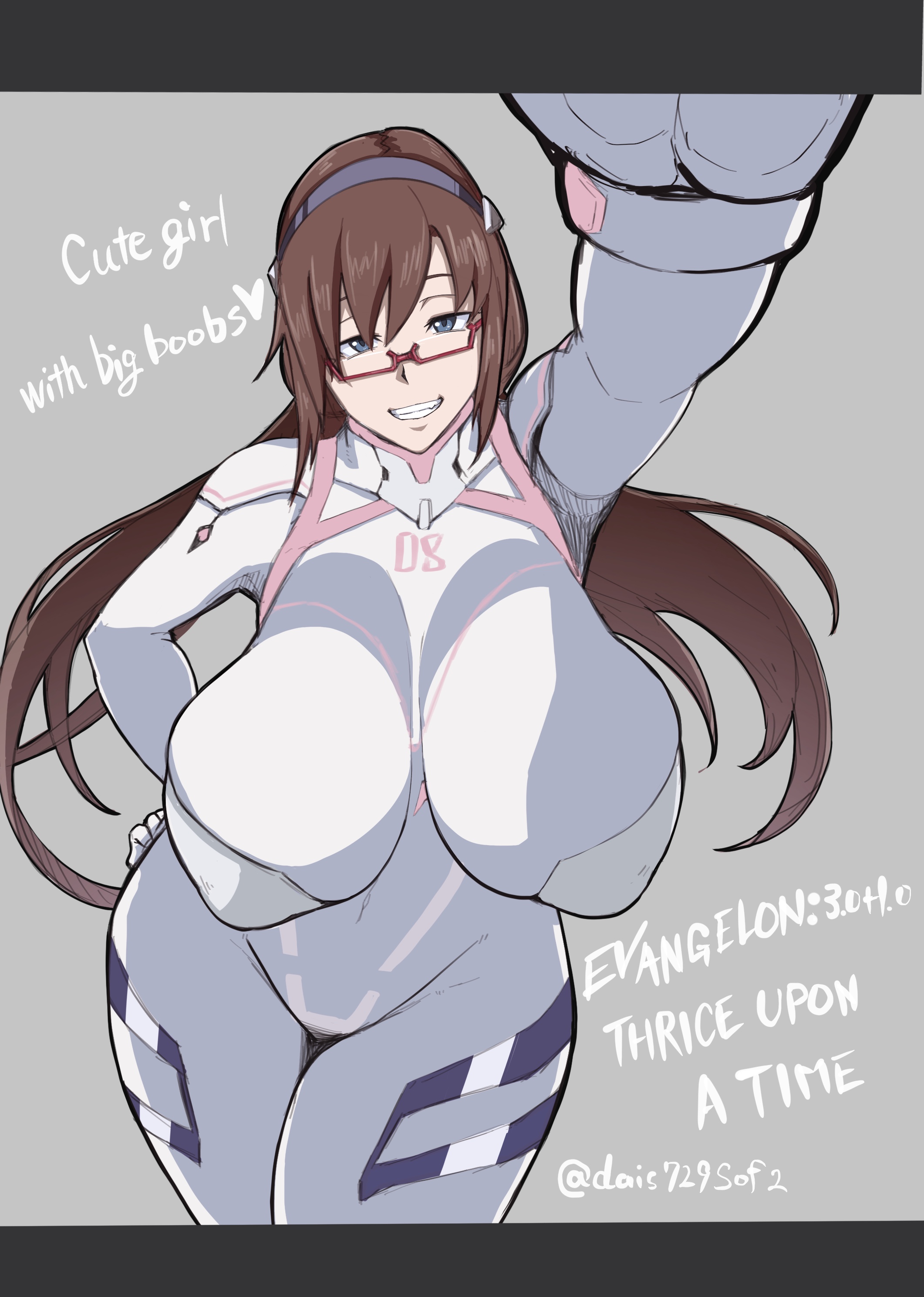 1girls, big breasts, blue eyes, bodysuit, breasts, brown hair, clothing, curvaceous, curvy, curvy figure, english text, eye contact, female, glasses, heart, huge breasts, human, large breasts, light skin, light-skinned female, long hair, looking at viewer, mari illustrious makinami, neon genesis evangelion, pilot suit, plugsuit, presenting, rebuild of evangelion, seductive, smile, solo, standing, text, thick thighs, thighs, tomoki (dais729sof), voluptuous, wide hips