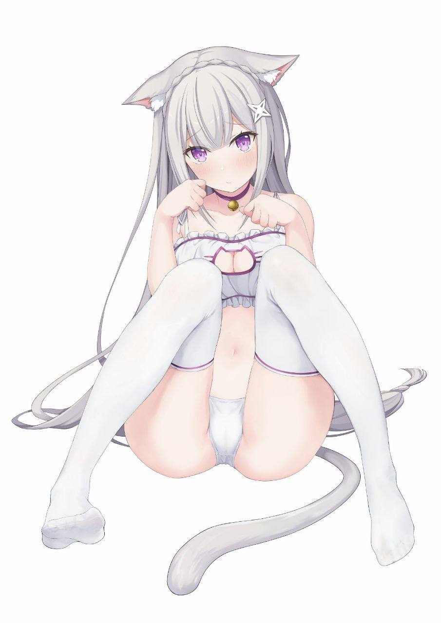cat ears, cat girl, catgirl, emilia (re:zero), female, naked, posing, re:zero kara hajimeru isekai seikatsu, white legwear, white panties