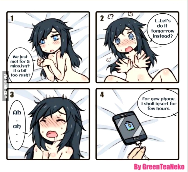 bed_sheet black_hair blue_eyes blush blush_lines blushing_at_viewer closed_eyes comic covered_nipples drooling embarrassed embarrassed_nude_female insertion object_character penetration smartphone spread_legs