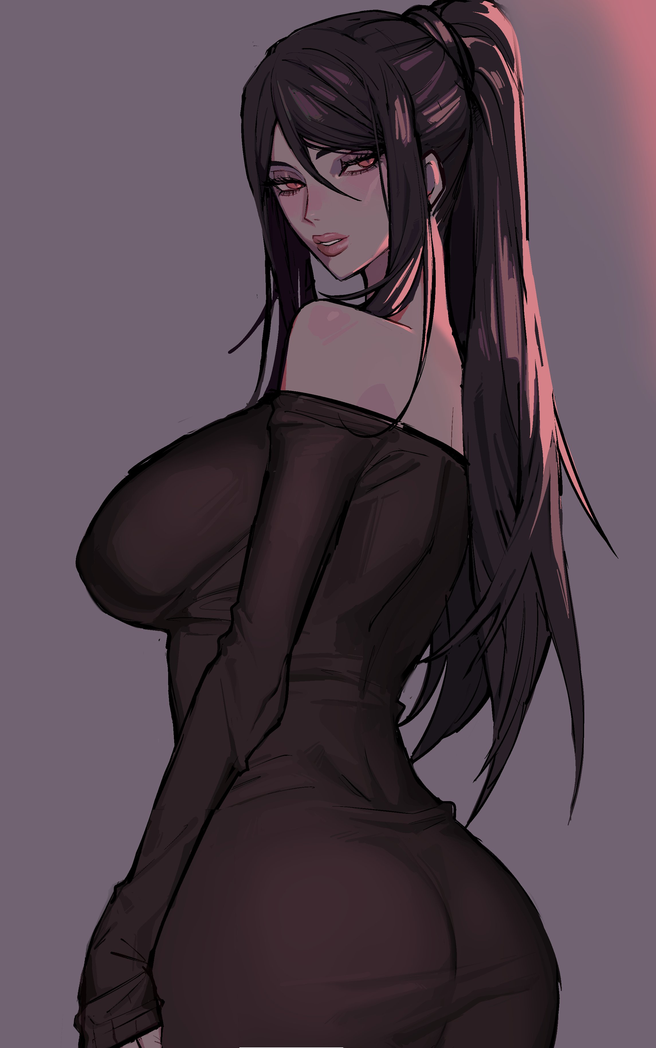 1girls, bare shoulders, black hair, boobs and butt pose, breasts, clothing, curvaceous, ennuigrl, erato (ennuigrl), female, female only, grey background, high ponytail, hourglass figure, long hair, looking at viewer, looking back, narrowed eyes, original character, red eyes, side view, slit pupils, solo, solo female, very high resolution