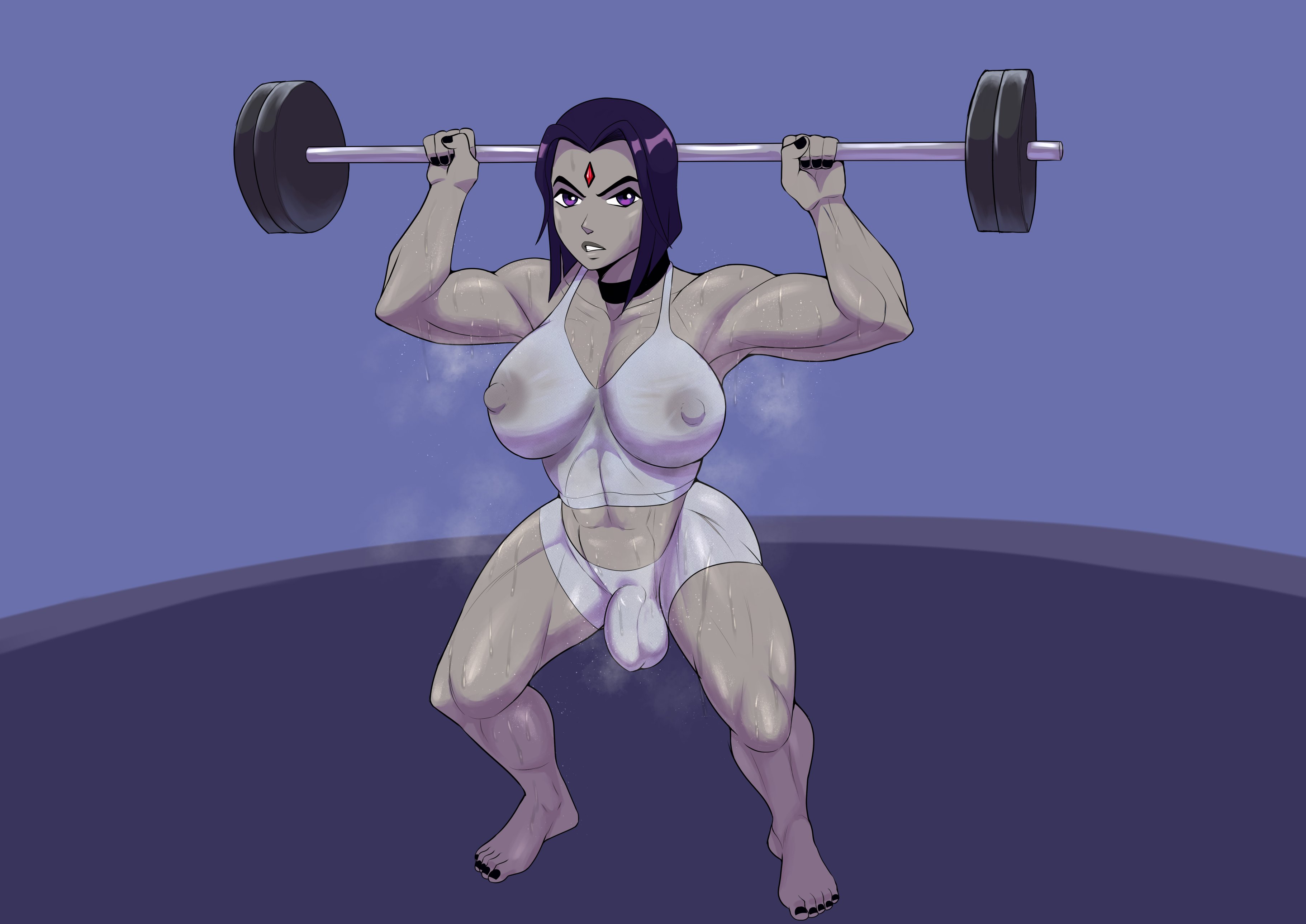 1futa, abs, areolae, big breasts, breasts, bulge, dc, dc comics, futa only, futanari, intersex, kokobiel, large breasts, muscles, muscular, muscular futa, musk, nipples, raven (dc), smell, solo, teen titans, weightlifting, weights