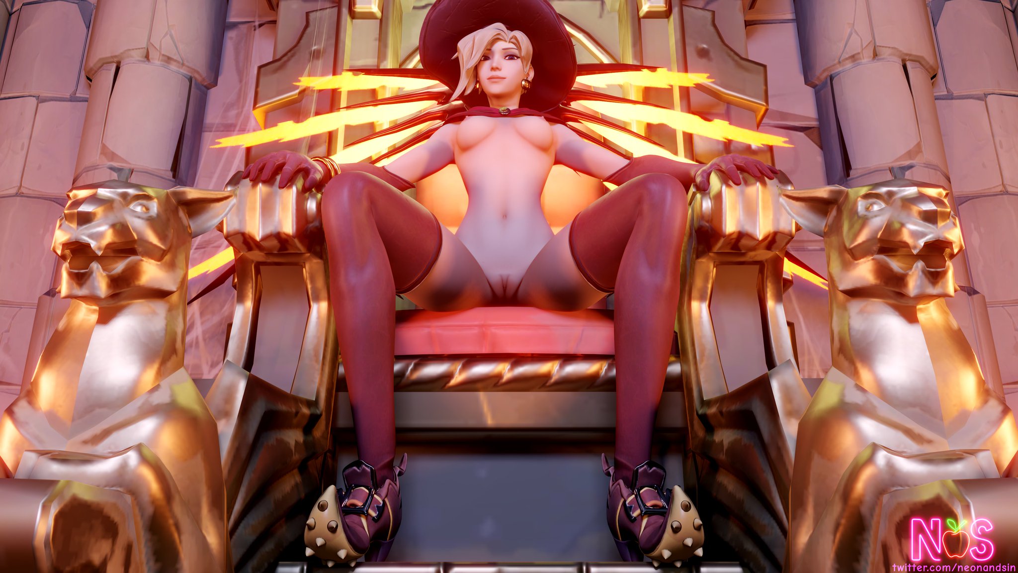 1girls, 3d, blizzard entertainment, breasts, exposed breasts, exposed nipples, exposed pussy, female, legs apart, mercy, neonsin, overwatch, pussy, solo, thighhighs, throne, witch hat, witch mercy