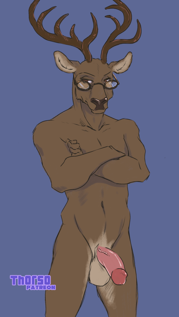 2021 anthro antlers balls beastars cervid cervine crossed_arms eyewear front_view genitals glasses half-erect horn male mammal mature_male nude oguma_(beastars) penis portrait red_deer solo thorso_the_vile three-quarter_portrait