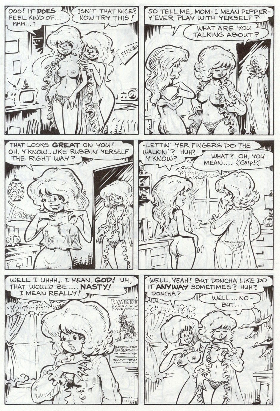 big_hair cherry_poptart cherry_poptart_(comic) comic comic_page dialogue frilled_panties hairy hairy_pussy larry_welz looking_at_mirror mirror mother_and_daughter naked naked_female nightgown no_bra no_panties nude nude_female panties panties_only partially_clothed pepper_poptart pubic_hair see-through_clothing see-through_top straight_hair tagme unshaved_pussy