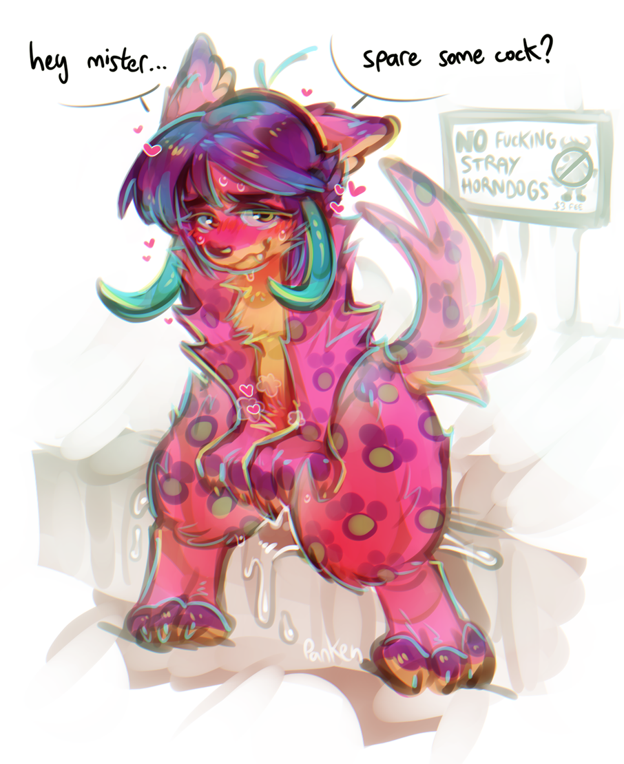 2019 ambiguous_gender anthro bedroom_eyes biped bodily_fluids canid claws dialogue english_text fluffy fur hair half-closed_eyes heart horndog_(species) inviting lust mammal multicolored_hair narrowed_eyes panken paws pink_body pink_fur purple_hair seductive sign solo spots talking_to_viewer teeth text yellow_eyes