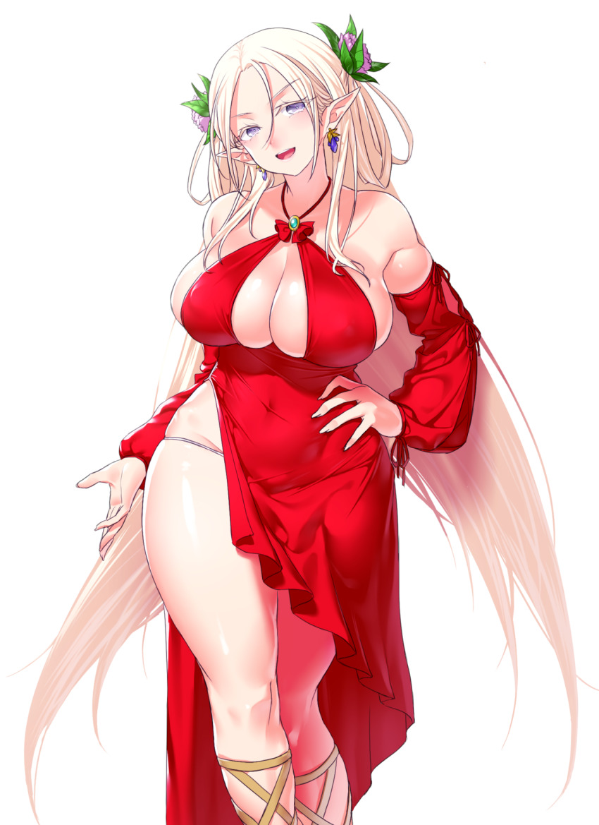 1girls bangs blonde_hair blush cleavage detached_sleeves dress earrings elf female hair_ornament hand_on_hip highres jewelry large_breasts long_hair onsoku_inu open_mouth original panties purple_eyes red_dress solo