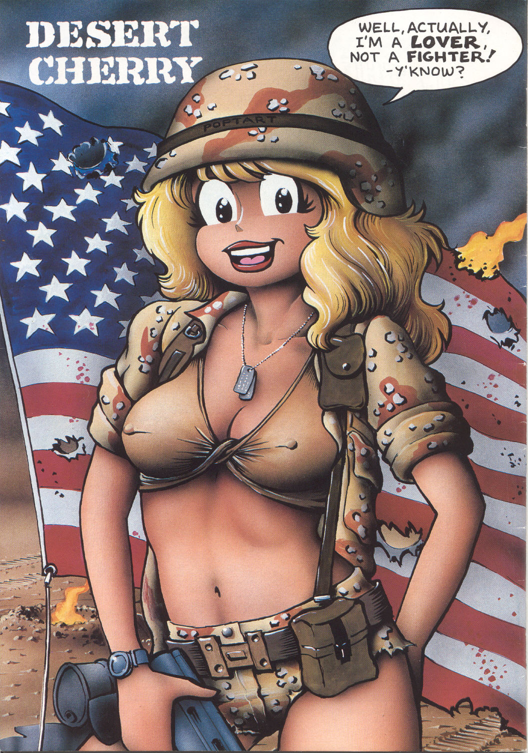 1girls american_flag army_girl army_helmet army_uniform barrel barrels blonde_hair camouflage camouflage_bikini camouflage_clothing camouflage_shorts cherry_poptart cherry_poptart_(comic) dog_tags helmet larry_welz machine_gun military military_gear nipples_showing nipples_visible_through_clothing straight_hair tagme