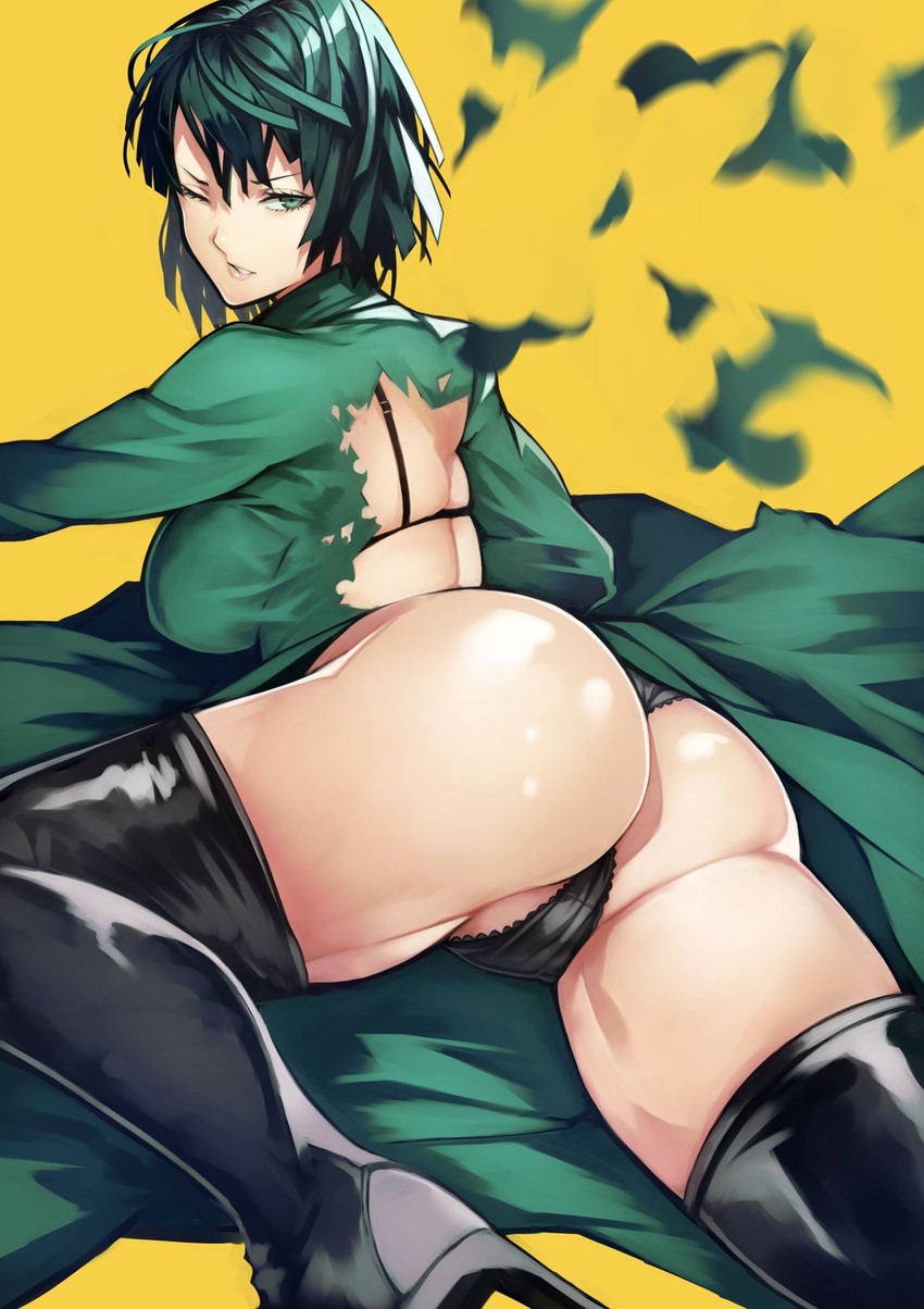 ass, black panties, breasts, dress, female, from behind, fubuki (one-punch man), green dress, green eyes, highres, large breasts, long hair, looking at viewer, looking back, muscular, muscular female, one-punch man, panties, shiny, shiny hair, shiny skin, simple background, solo, toned, torn clothes, torn dress, underwear, yellow background, yoshi55level