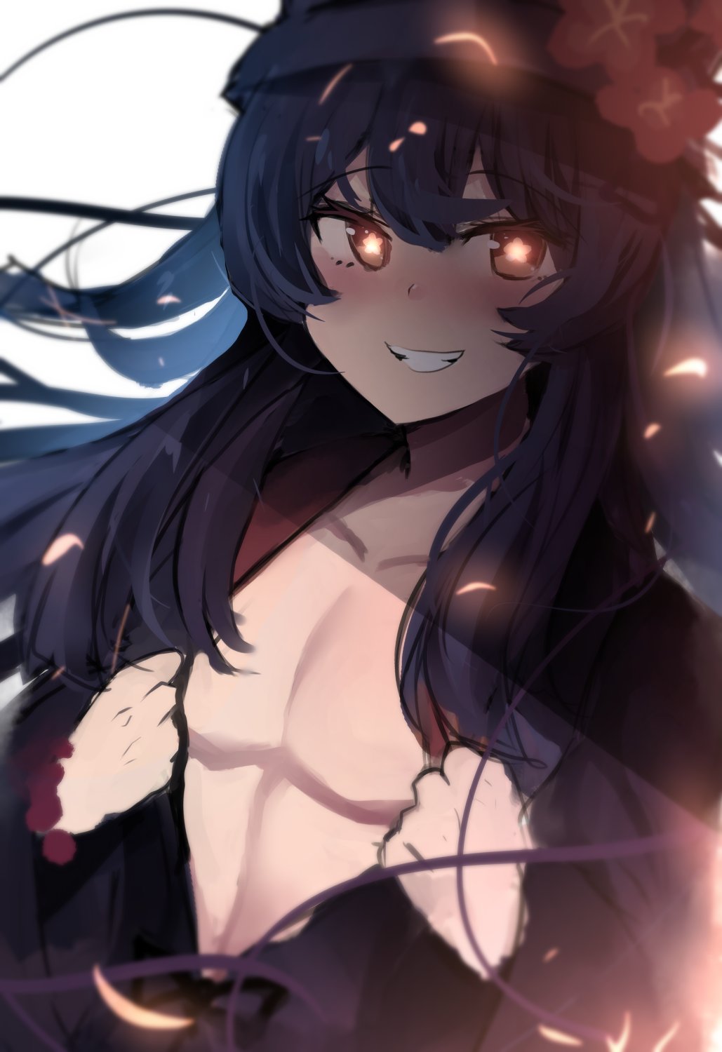 1boy bare_pecs black_hair blush brown_eyes commentary doodle femboy flat_chest flower genderswap_(ftm) genshin_impact glowing glowing_eyes grin hat hat_flower highres hinghoi hu_tao_(genshin_impact) long_hair looking_at_viewer male_focus otoko_no_ko pectorals rule_63 smile solo star-shaped_pupils star_(symbol) symbol-shaped_pupils trap upper_body