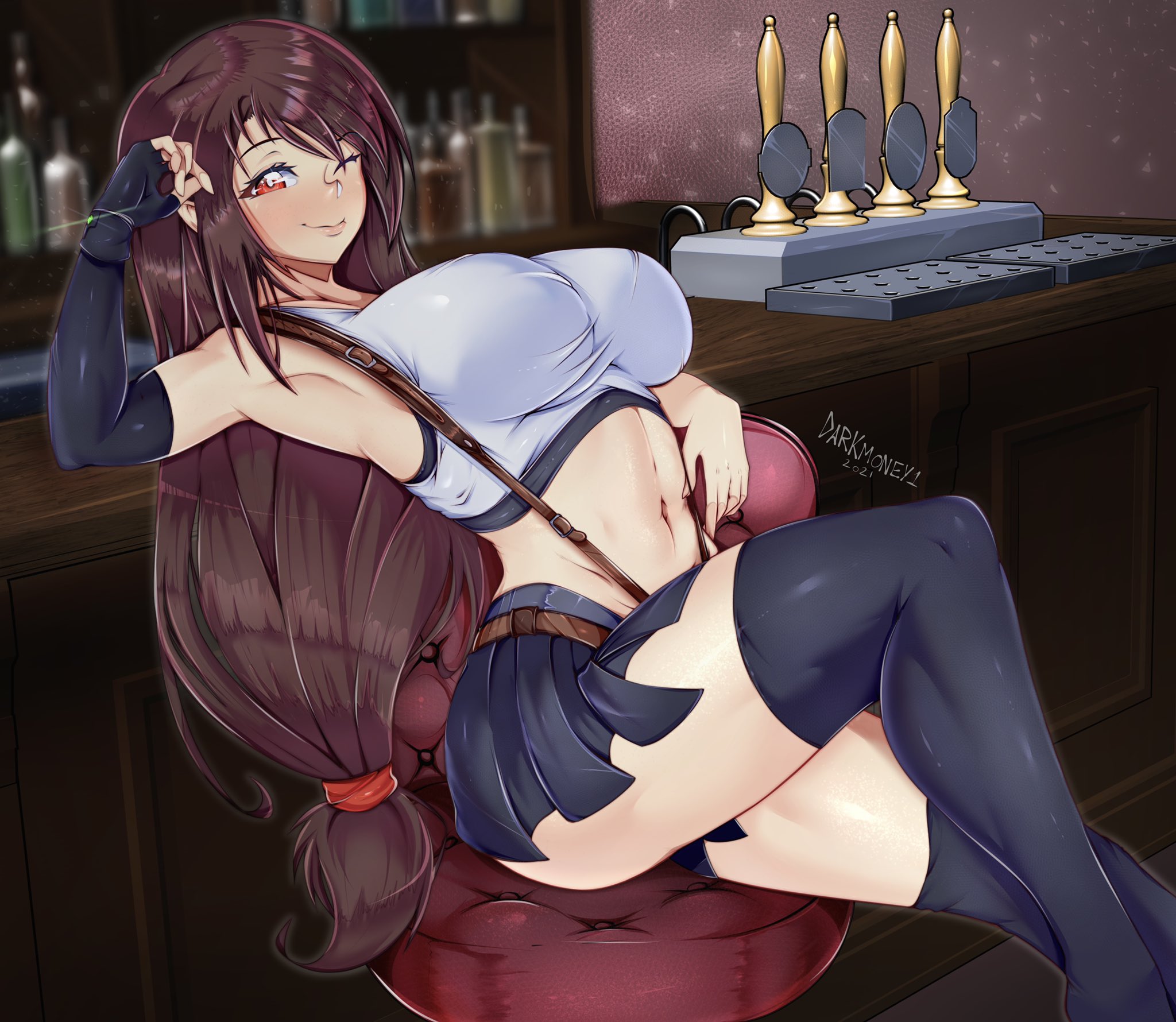 1girls, breasts, cleavage, darkmoney1, female, female only, final fantasy, final fantasy vii, final fantasy vii remake, huge breasts, looking at viewer, smile, thighhighs, tifa lockhart