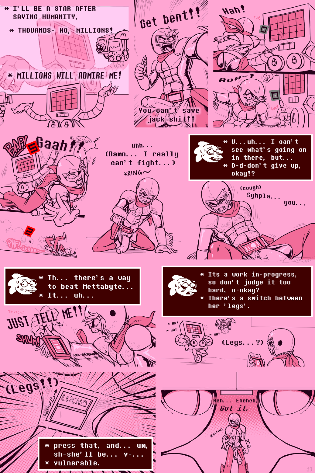 alphys alternate_universe anthro belt blush bodily_fluids camera cellphone comic damaged_clothing digital_media_(artwork) english_text female flaccid frisk frisky_(under(her)tail) genitals hi_res human humanoid lizard machine male mammal mettaton mettie page_13 penis phone profanity reptile robot rule_63 scalie sweat syhpla text thewill umbrella under(her)tail undertale video_games