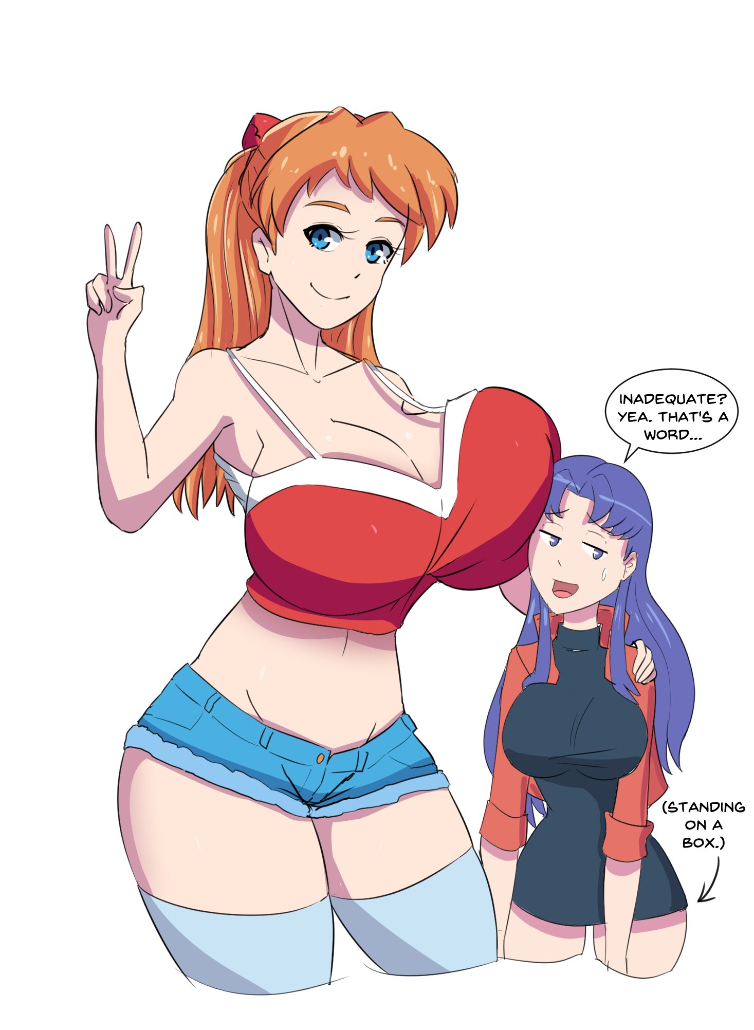asuka langley sohryu, breast press, breasts, clothing, denim shorts, dress, female, giantess, large breasts, misato katsuragi, neon genesis evangelion, rexcrash64, shorts, size difference, stockings, tagme, teasing