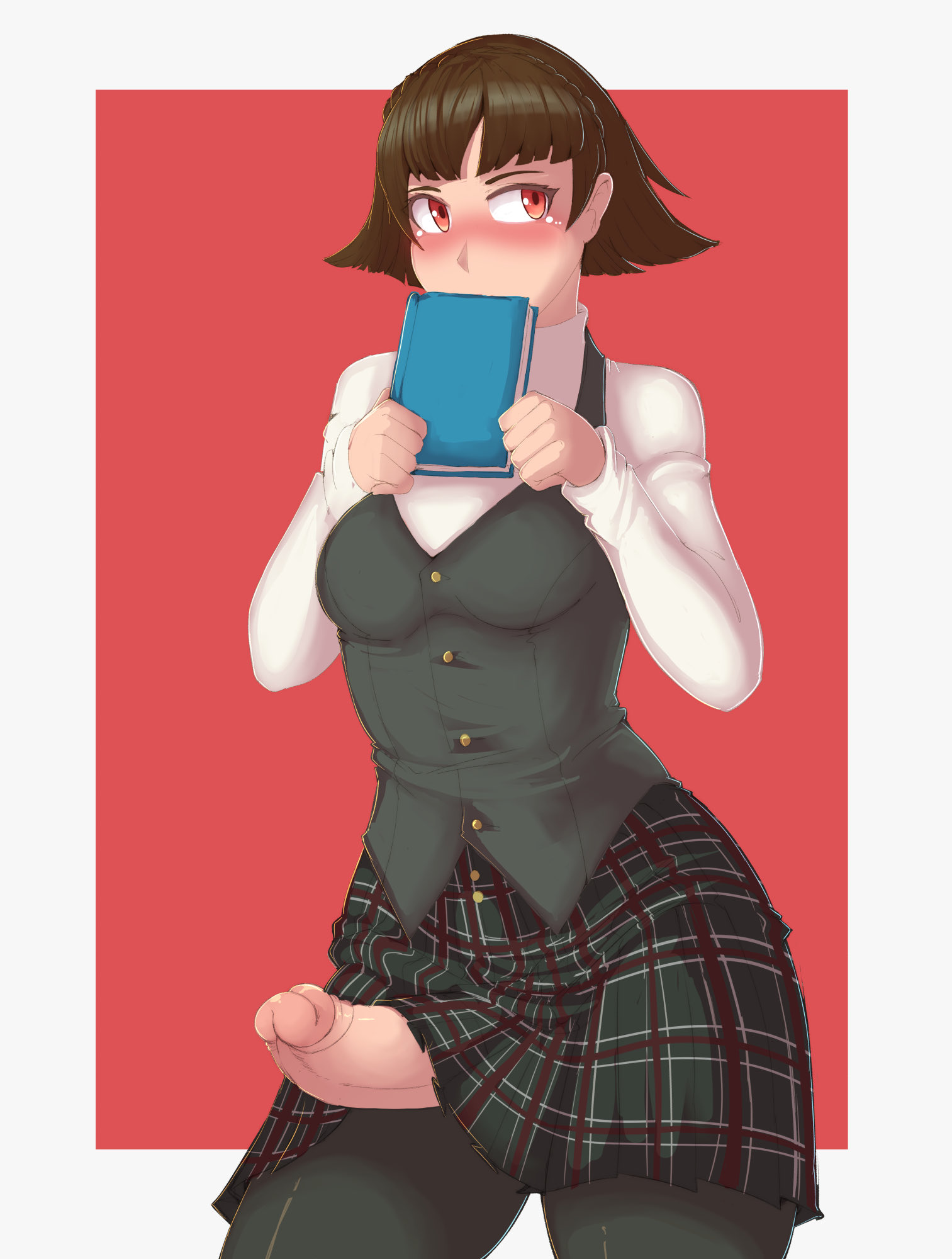1futa, big penis, blush, book, breasts, clothed, clothing, erection, erection under clothes, erection under skirt, female, futa only, futanari, human, intersex, kittenboogers, long sleeves, makoto niijima, medium breasts, mostly clothed, pale skin, penis, persona, persona 5, persona 5 royal, school uniform, schoolgirl, short hair, shy, skirt, solo, standing, turtleneck