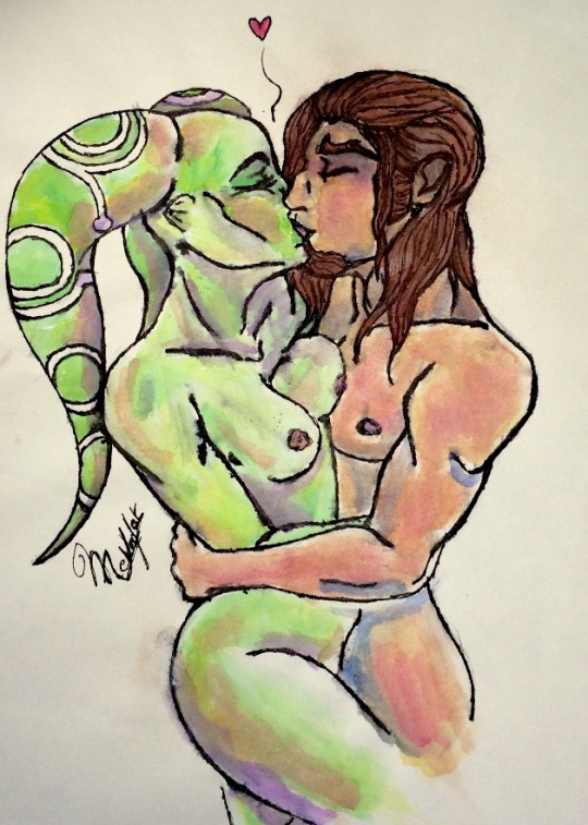 1boy 1girls breasts brown_hair canon_couple closed_eyes cyndermizuki hera_syndulla interspecies kanan_jarrus kissing long_hair male medium_breasts nipples simple_background star_wars star_wars_rebels text twi'lek white_background