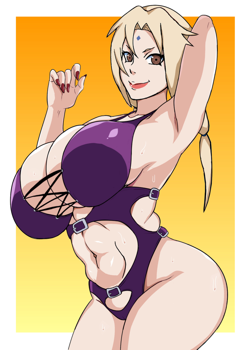 ass, blonde hair, breasts, brown eyes, female, female only, large ass, large breasts, naruho, naruto, naruto (series), one-piece swimsuit, purple swimsuit, red nails, swimsuit, thick thighs, tsunade, wide hips