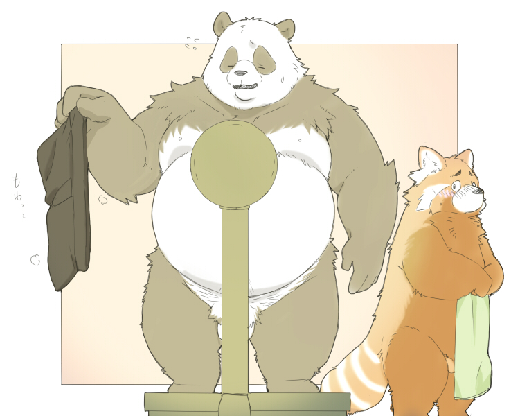 2021 ailurid anthro balls black_body black_fur blush closed_eyes clothing convenient_censorship duo fur genitals giant_panda inunoshippo kemono male male/male mammal orange_body orange_fur overweight overweight_male red_panda towel underwear ursid white_body white_fur