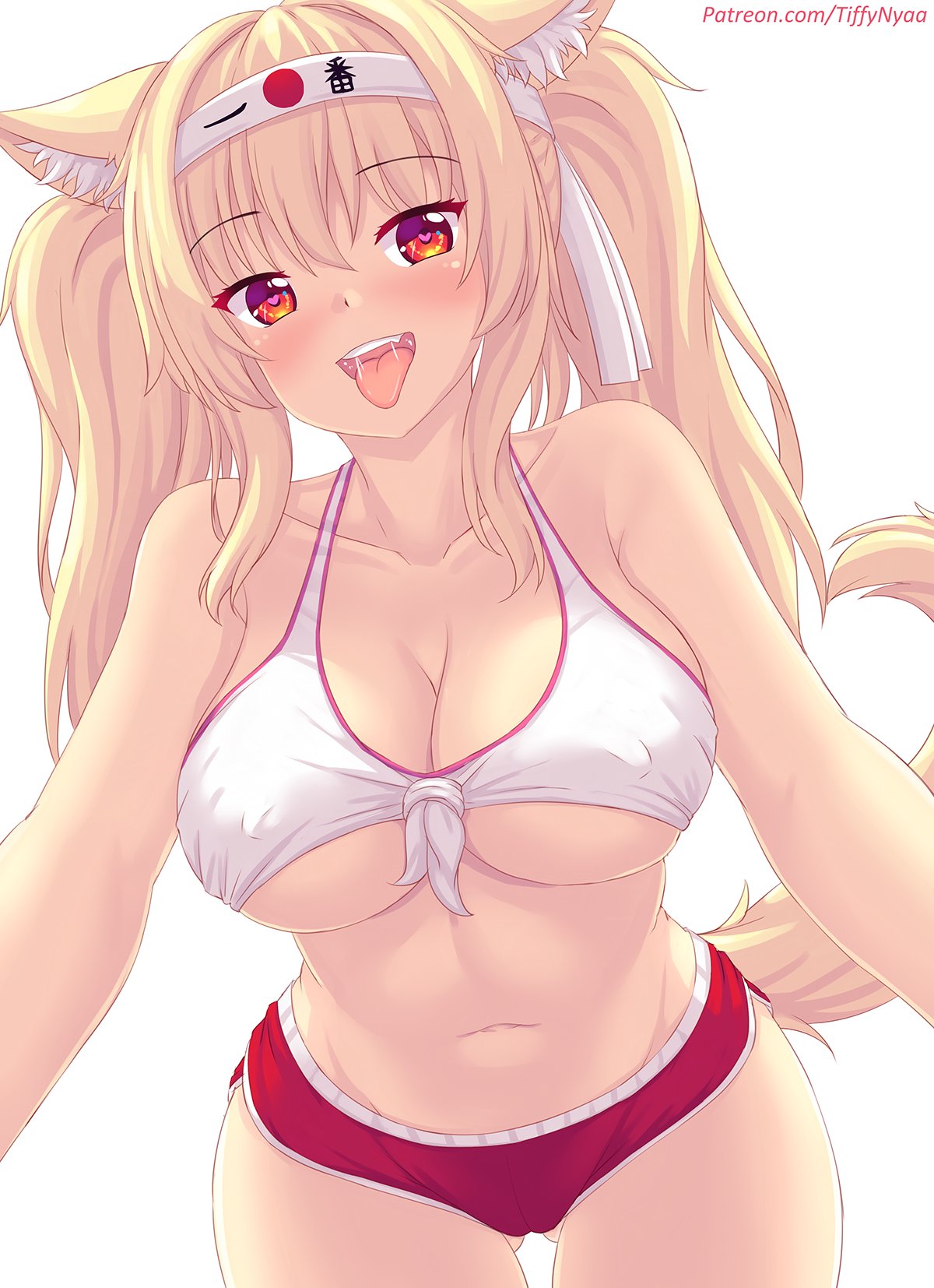 1girls, animal ears, animal tail, blonde hair, blush, bra, breasts, buruma, cleavage, collar, collarbone, eyebrows visible through hair, fang, female, female focus, female only, headband, heart, heart-shaped pupils, large breasts, looking away, mostly clothed, navel, red eyes, red shorts, saliva, short shorts, shorts, simple background, slim waist, solo, sports bra, sportswear, standing, tagme, tail, thick thighs, tied shirt, tiffy, tiffynyaa, tongue, tongue out, underboob, white background