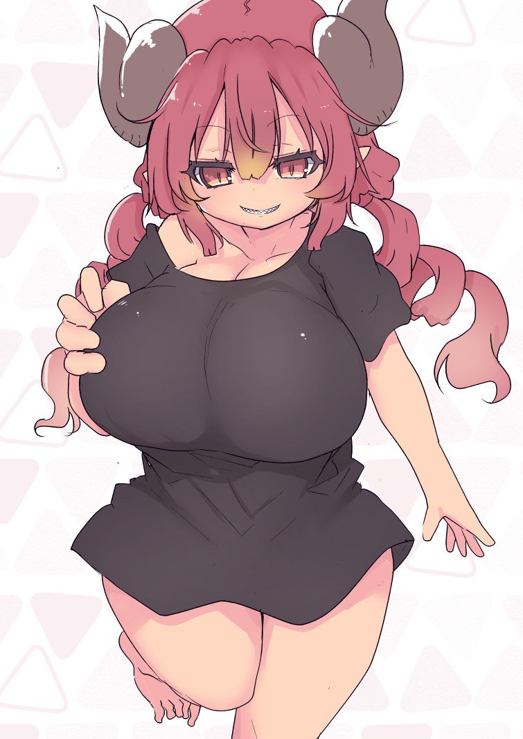 1girls, big breasts, black shirt, breasts, cool-kyou shinja, dragon horns, female, horns, huge breasts, ilulu (dragon maid), large breasts, long hair, miss kobayashi's dragon maid, official art, red eyes, red hair, sharp teeth, shirt, smile, solo, solo female, solo focus, twin drills