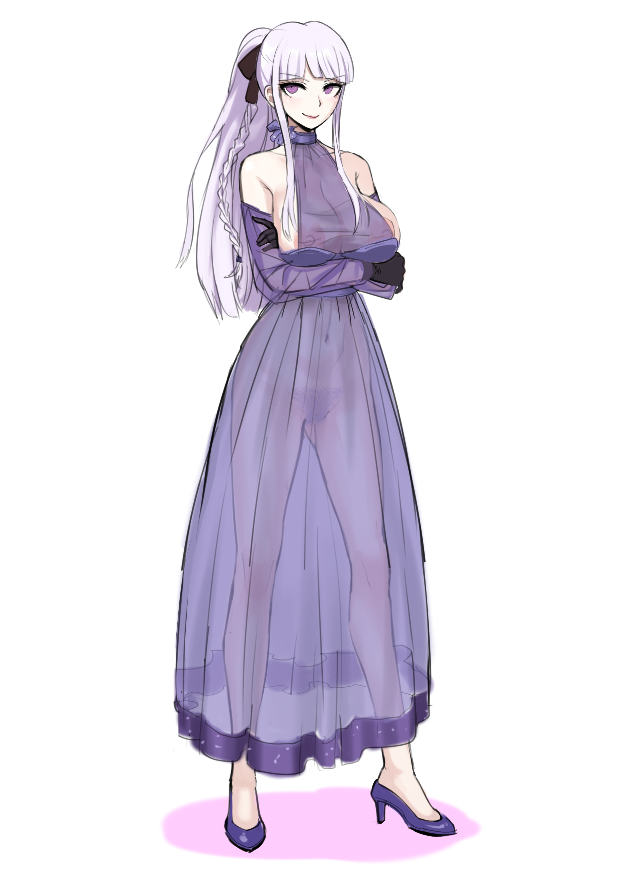 akizora, areolae, big breasts, breasts, confident, danganronpa, danganronpa: trigger happy havoc, dress, female, female only, heels, kirigiri kyoko, no bra, no panties, pink hair, purple eyes, purple pubic hair, see-through, see-through dress, smooth skin, smug smile