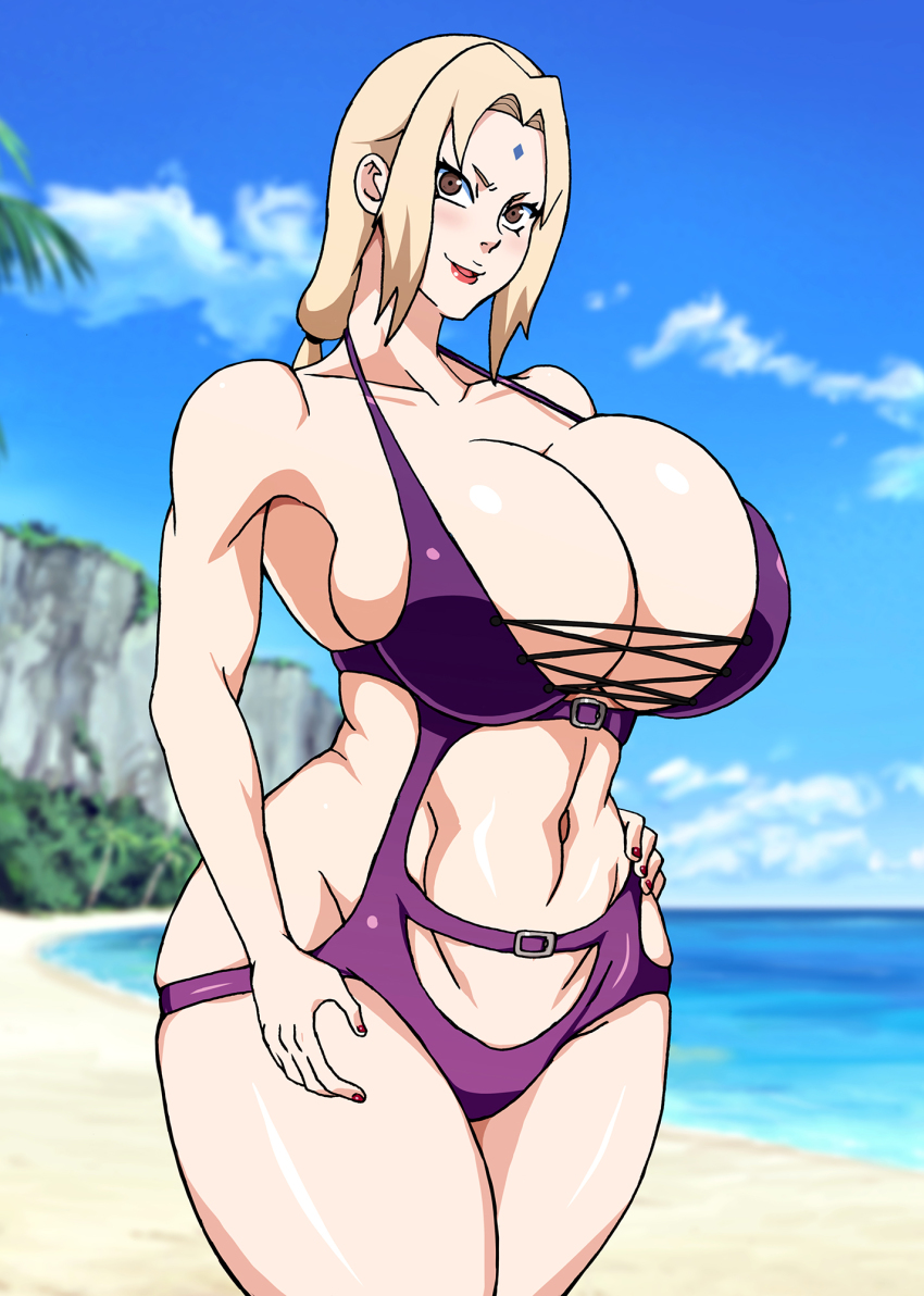 beach, bikini, blonde hair, breasts, brown eyes, busty, female, female only, large breasts, naruho, naruto, naruto (series), one-piece swimsuit, outside, purple bikini, solo female, swimsuit, tsunade
