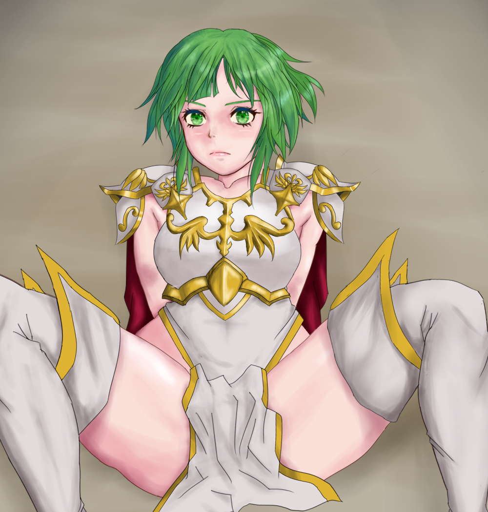 1girls alternate_version_available armor arms_behind_back bare_thighs big_breasts bondage dithorba_(fire_emblem) fire_emblem fire_emblem:_genealogy_of_the_holy_war green_eyes green_hair imminent_rape imminent_sex looking_at_viewer nintendo pelvic_curtain restrained short_hair thighhighs upset 石っころ