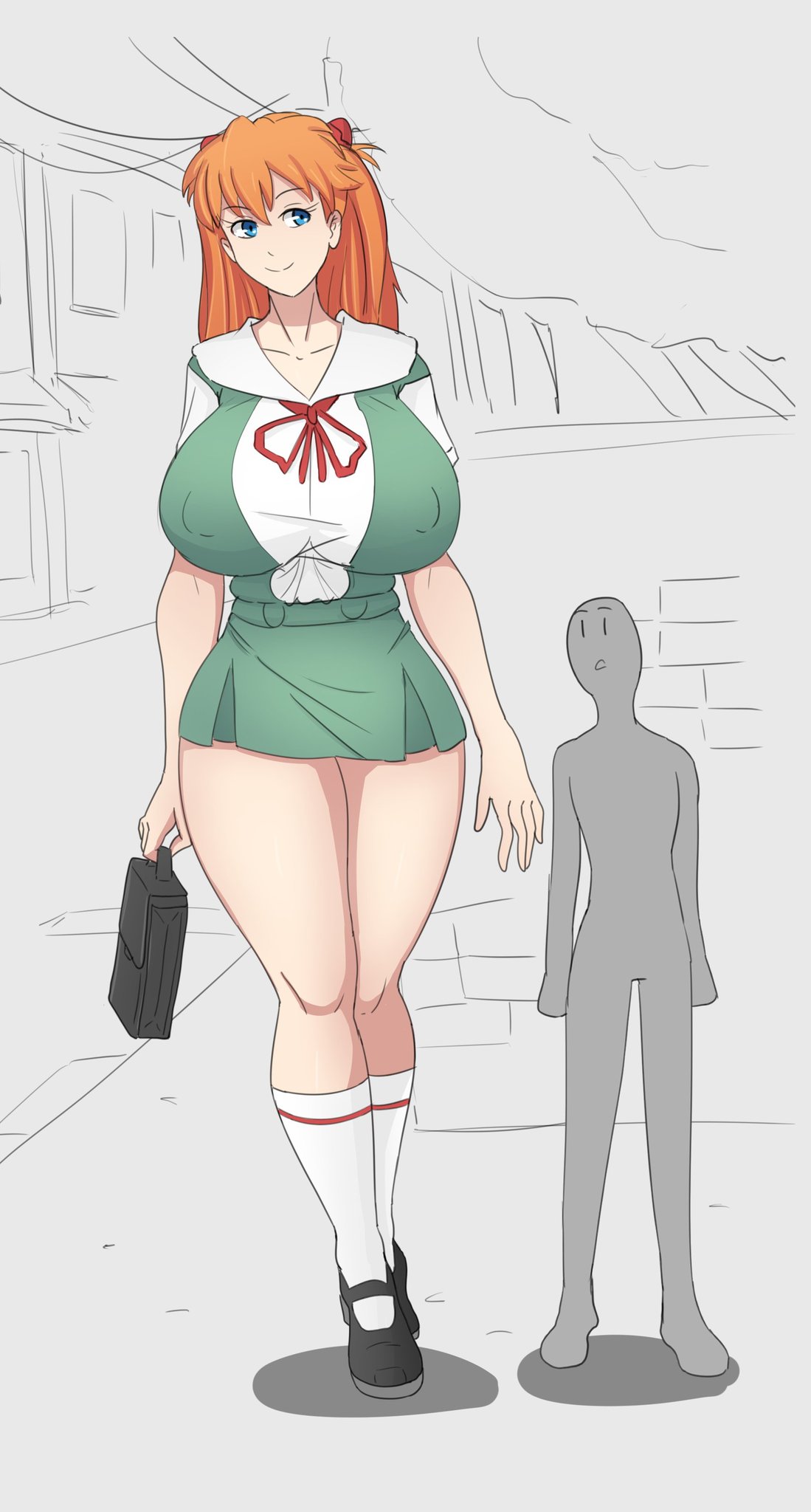 asuka langley sohryu, breasts, clothing, erect nipples, erect nipples under clothes, female, giantess, huge breasts, huge school girl, large breasts, large female, mary janes, mini giantess, neon genesis evangelion, nipple bulge, nipples, rexcrash64, school uniform, shoes, size comparison, size difference, skirt, tagme
