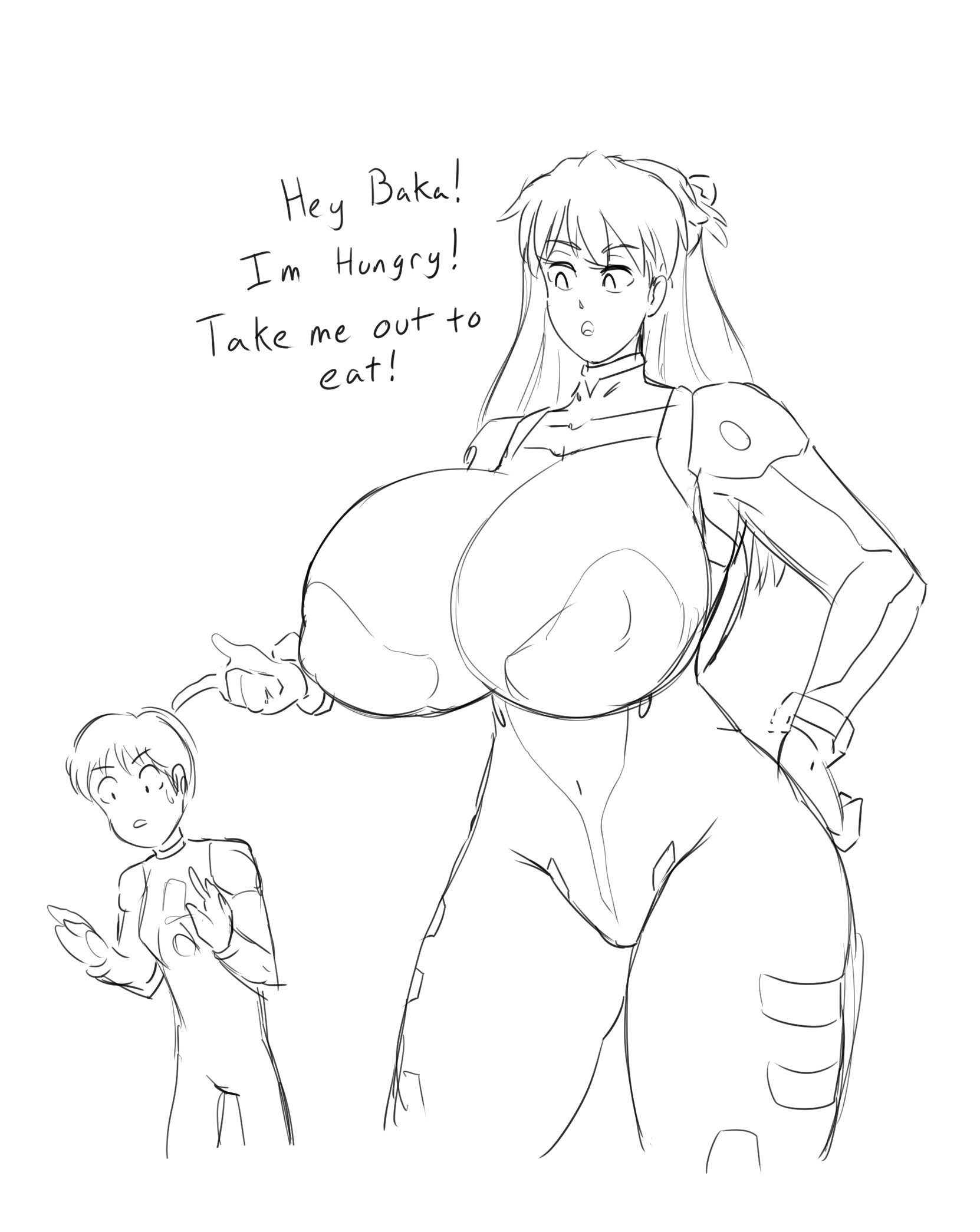 1girls, asuka langley sohryu, breasts, clothing, female, giantess, gigantic breasts, huge breasts, large breasts, larger female, male, neon genesis evangelion, plugsuit, rexcrash64, shinji ikari, smaller male, tagme