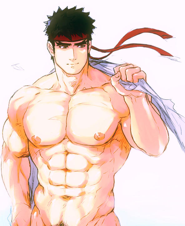 1boy capcom human human_only hydaria male male_only muscular muscular_male pubes ryu_(street_fighter) shirt_on_shoulders simple_background solo_male street_fighter tagme white_background