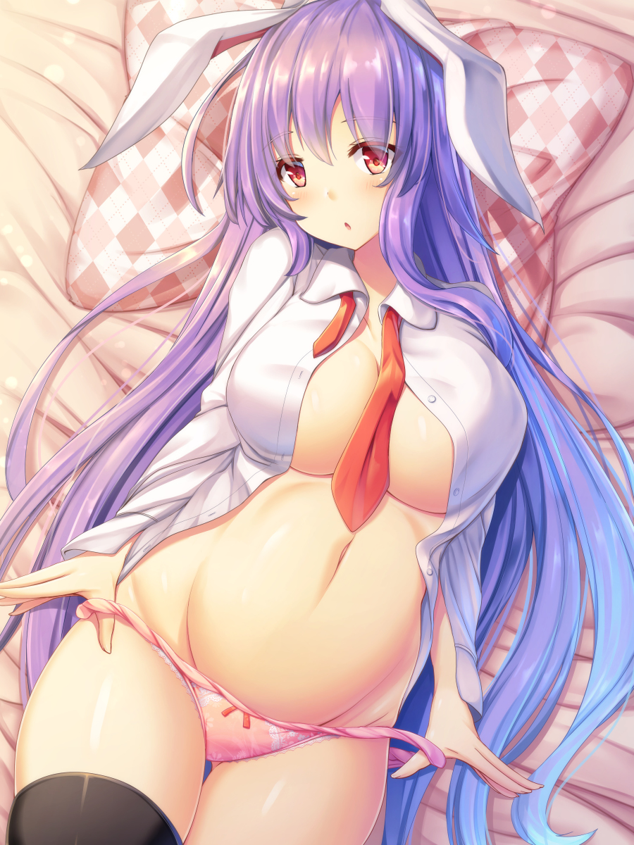 1girls 5_fingers :o animal_ears bed bed_sheet belly blue_hair blush bow_panties breasts bunny_ears bunny_girl collarbone eyebrows_visible_through_hair female female_focus female_only large_breasts liya long_hair looking_at_viewer loose_necktie necktie no_pants nude on_back on_bed open_clothes open_shirt panties panty_pull pattern_background pillow pink_panties pulled_by_self pulling_panties purple_hair red_eyes reisen_udongein_inaba shirt solo stomach stripping thick_thighs thighhighs touhou unbuttoned unbuttoned_shirt