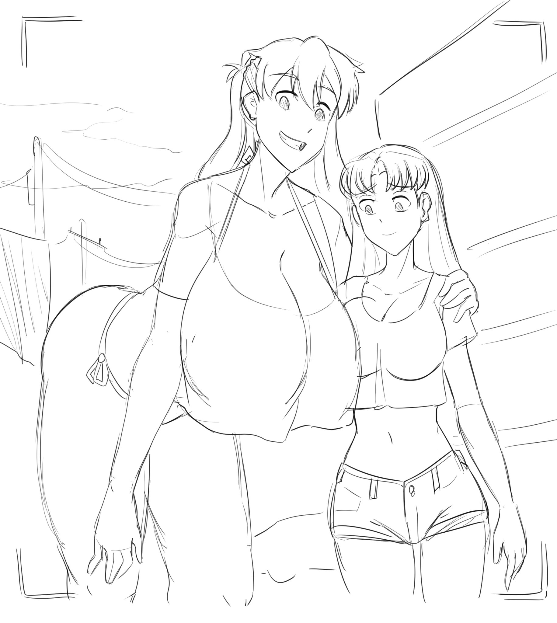 asuka langley sohryu, breast envy, breasts, clothing, erect nipples, erect nipples under clothes, female, giantess, gigantic breasts, large breasts, larger female, misato katsuragi, neon genesis evangelion, nipples, panties, rexcrash64, shorts, tagme