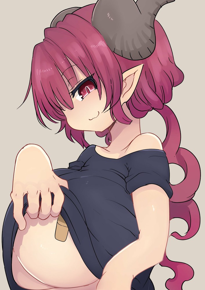 1girls, bandaid, bandaids on nipples, big breasts, black shirt, breasts, cool-kyou shinja, female, huge breasts, ilulu (dragon maid), large breasts, lifted by self, long hair, miss kobayashi's dragon maid, official art, red eyes, red hair, shirt, shirt lift, slit pupils, smile, solo, solo female, solo focus, twin drills, underboob