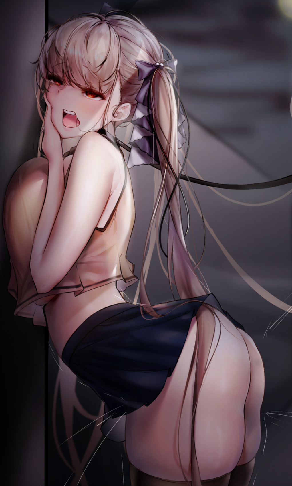 against_wall animal_collar ass azur_lane bangs black_legwear breast_press breasts collar female formidable_(azur_lane) geonjeonji grey_hair hair_ribbon highres large_breasts leash long_hair microskirt open_mouth red_eyes ribbon skirt solo submissive_female thick_thighs thigh_highs thigh_squish thighhighs twintails very_long_hair