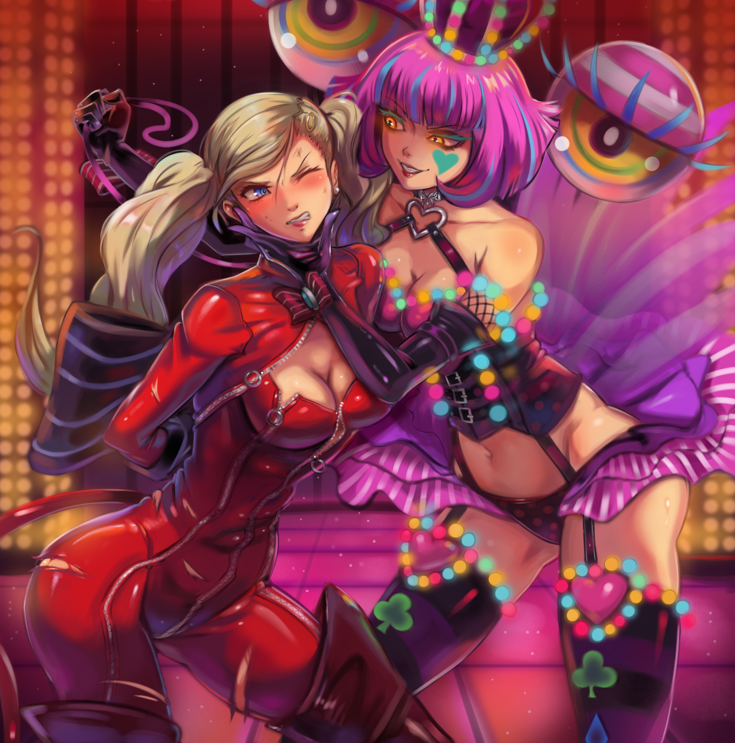 2girls, alice hiiragi, ann takamaki, atlus, blonde, blonde hair, blue eyes, blue-eyed female, clothed, clothed female, clothing, dominatrix, female, female focus, female only, female/female, femdom, femsub, gloves, grabbing face, hand on face, hi res, highres, human, latex, light skin, light-skinned female, long hair, long-haired female, megami tensei, multicolored hair, multiple females, multiple girls, persona, persona 5, persona 5 scramble: the phantom strikers, phantom thief suit, pink hair, pink-haired female, sega, shadow (persona), shadow alice (p5s), shadow self (persona), short hair, short-haired female, toasty scones, torn bodysuit, torn clothes, torn clothing, twintails, two-tone hair, wide hips, yellow eyes, yellow-eyed female, yuri